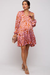 Rust Print Collared Puff Sleeve Maternity Dress