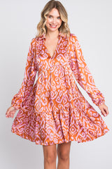 Rust Print Collared Puff Sleeve Dress