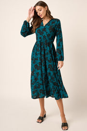 Teal Flower Print Long Sleeve Surplice Midi Dress