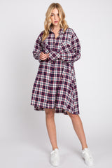 Navy Plaid Button Down Oversize Maternity Mini Shirt Dress