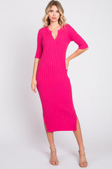 Fuchsia Ribbed Knit Midi Dress