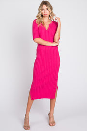 Fuchsia Ribbed Knit Midi Dress