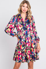 Multicolor Print Satin 3/4 Sleeve Dress