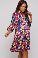 Multicolor Print Satin 3/4 Sleeve Maternity Dress