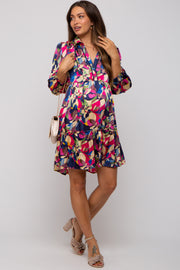 Multicolor Print Satin 3/4 Sleeve Maternity Dress