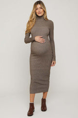 Brown Mock Neck Long Sleeve Maternity Midi Dress