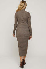 Brown Mock Neck Long Sleeve Maternity Midi Dress