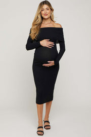 Black Rib Knit Off Shoulder Maternity Maxi Dress