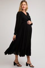 Black Twisted Front Long Sleeve Ruffle Hem Maternity Midi Dress