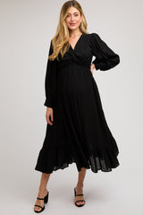 Black Twisted Front Long Sleeve Ruffle Hem Maternity Midi Dress