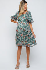 Green Floral Puff Sleeve Maternity Dress