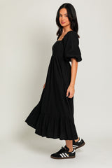 Black Square Neck Puff Sleeve Midi Dress