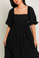 Black Square Neck Puff Sleeve Midi Dress