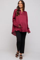 Red Satin Textured Stripe Button Down Maternity Top