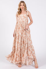 Light Pink Leaf Printed Square Neckline Tie Strap Tiered Maxi Dress