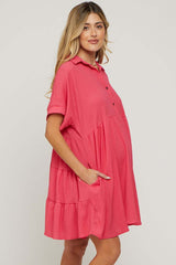 Coral Collared Button Front Short Sleeve Maternity Dress