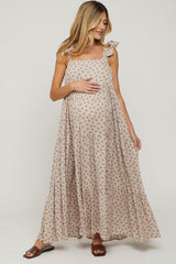 Taupe Floral Shoulder Tie Maternity Maxi Dress