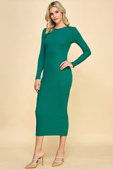 Green Ribbed Fitted Long Sleeve Midi Dress