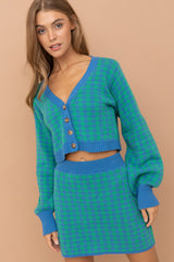 Green Blue Knit Top And Skirts Set