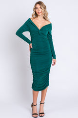 Forest Green Off Shoulder Glitter Ruched Midi Dress