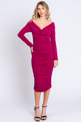 Magenta Off Shoulder Glitter Ruched Midi Dress