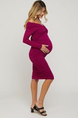 Magenta Off Shoulder Glitter Ruched Maternity Midi Dress