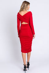 Red Off Shoulder Glitter Ruched Midi Dress