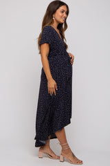 Navy Printed High-Low Hem Maternity Wrap Dress