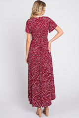 Burgundy Printed High-Low Hem Wrap Dress