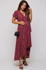 Burgundy Printed High-Low Hem Maternity Wrap Dress