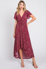 Burgundy Printed High-Low Hem Maternity Wrap Dress