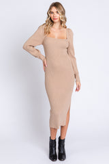 Taupe Ribbed Knit Long Sleeve Midi Dress