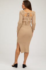 Taupe Ribbed Knit Long Sleeve Maternity Midi Dress