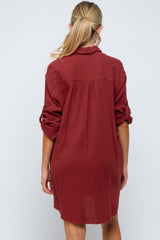 Burgundy Gauze Button Down Maternity Dress