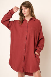 Burgundy Gauze Button Down Dress