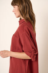 Burgundy Gauze Button Down Dress