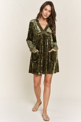 Olive V Neck Long Sleeve Velvet Dress