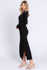 Black Ribbed Side Slit Midi Dress