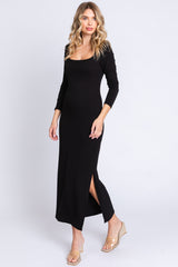 Black Ribbed Side Slit Maternity Midi Dress