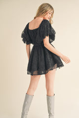 Black Sequined Lace Flared Mini Dress