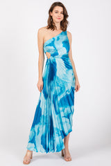 Blue Watercolor Satin Pleated One-Shoulder Asymmetrical Midi Dress