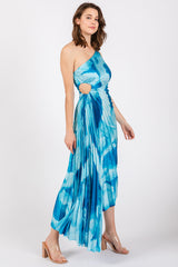 Blue Watercolor Satin Pleated One-Shoulder Asymmetrical Midi Dress