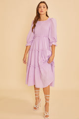 Lilac Textured Smocking Bodice Tired Midi Dress