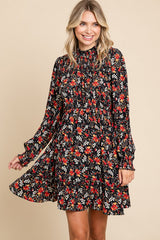 Black Floral Print Smocked Yoke Dress