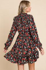 Black Floral Print Smocked Yoke Dress