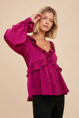 Plum Washed Satin Cross Ruffled Long Sleeve Blouse