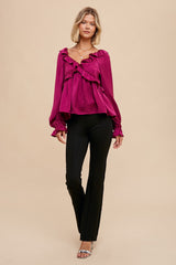 Plum Washed Satin Cross Ruffled Long Sleeve Blouse