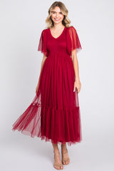 Burgundy Dotted Tulle Smocked Maternity Midi Dress