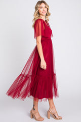 Burgundy Dotted Tulle Smocked Midi Dress