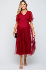 Burgundy Dotted Tulle Smocked Maternity Midi Dress